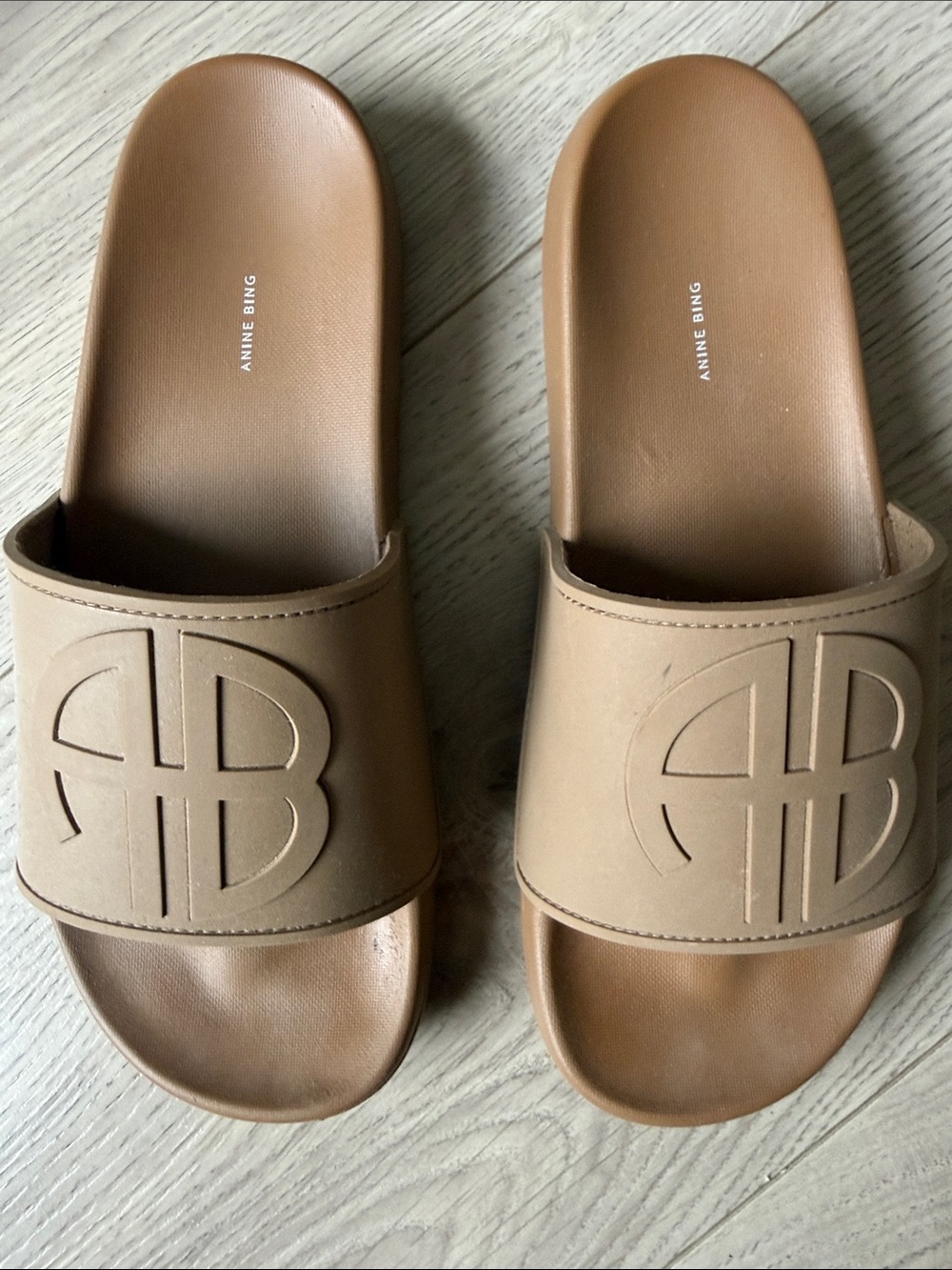 Anine Bing Beige Logo-Emblem Slide Sandals